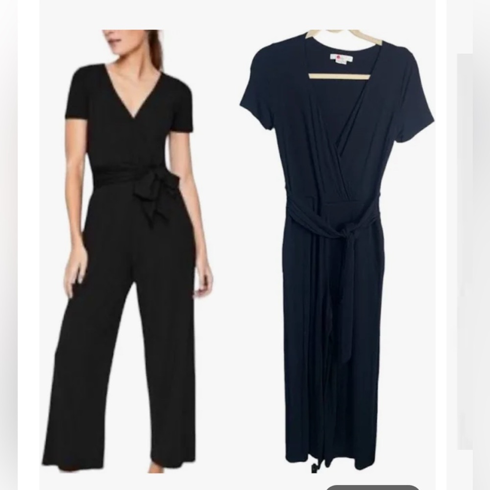 Boden Womens Black Jersey Faux Wrap Tie Waist Wide Leg Crop Jumpsuit Size 14
